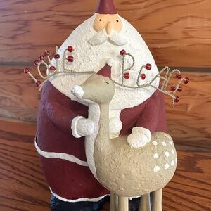 Santa and Reindeer Holiday Figurine - Red and Cream